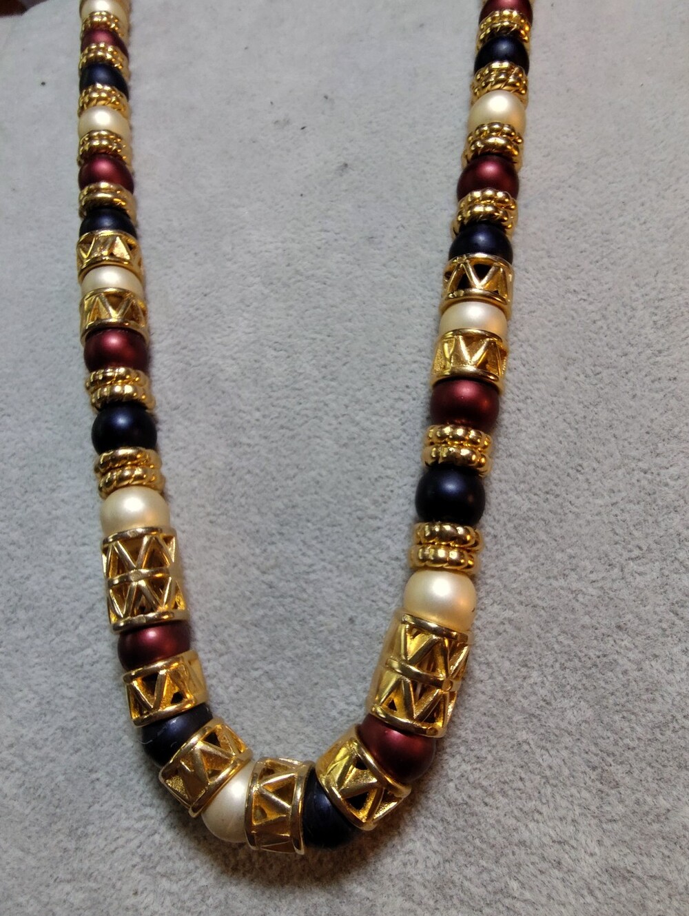 Franco Schiavon Venezia Gold Plate Pearl, Navy & Burgundy Beaded Necklace